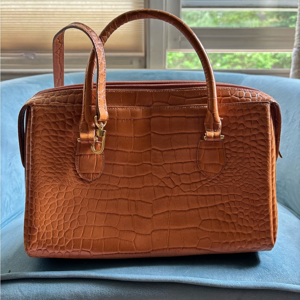 Brown Crocodile-Embossed Satchel with Metal Hardware